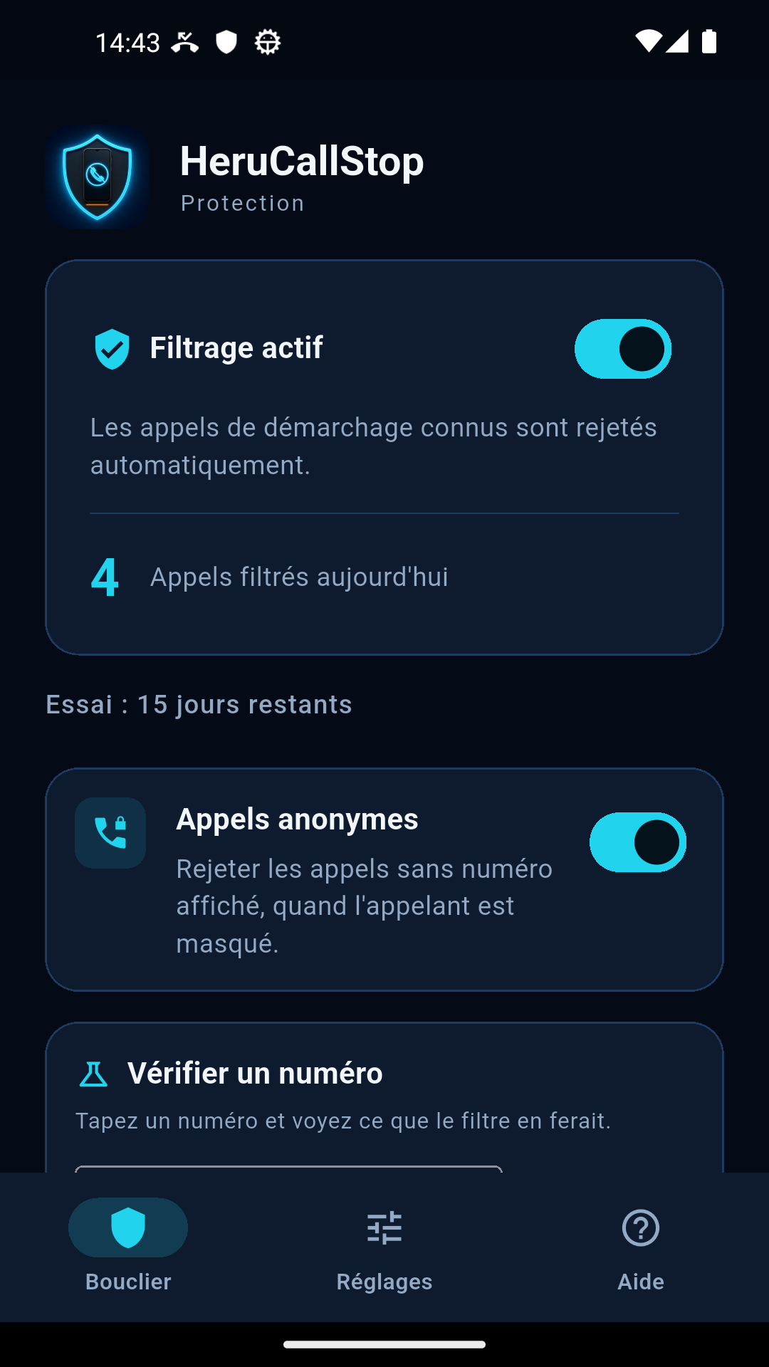 Écran principal de HeruCallStop avec l'état du filtre