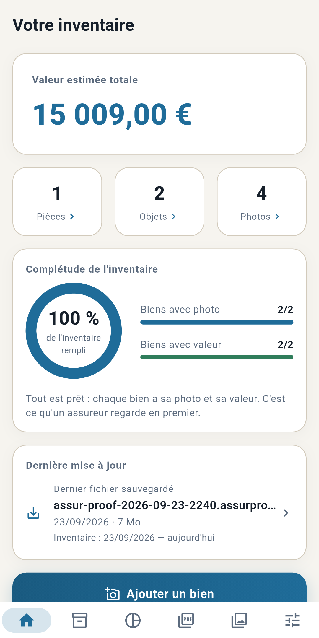 Écran d'accueil d'Assur Proof avec les biens classés