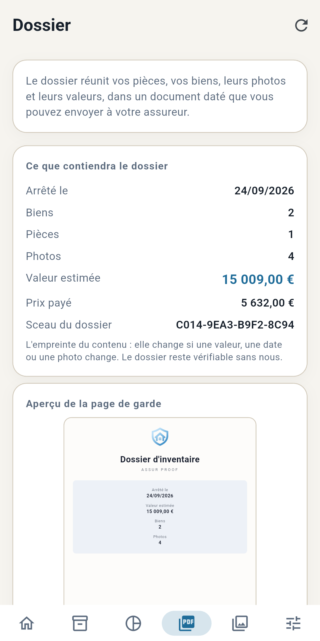 Écran de génération du dossier d'Assur Proof