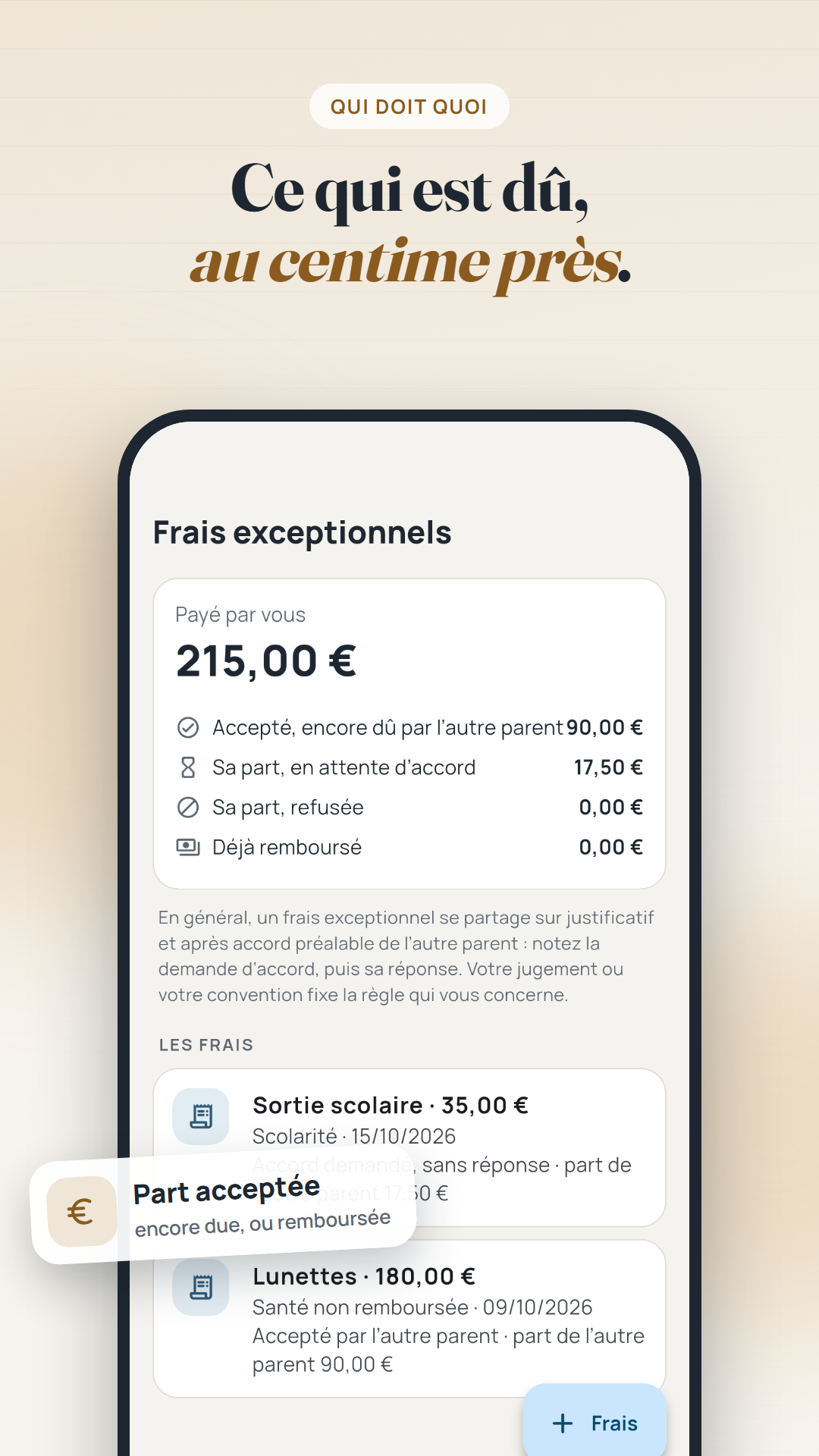 Les frais exceptionnels : payé, dû par l'autre parent, en attente, refusé, remboursé