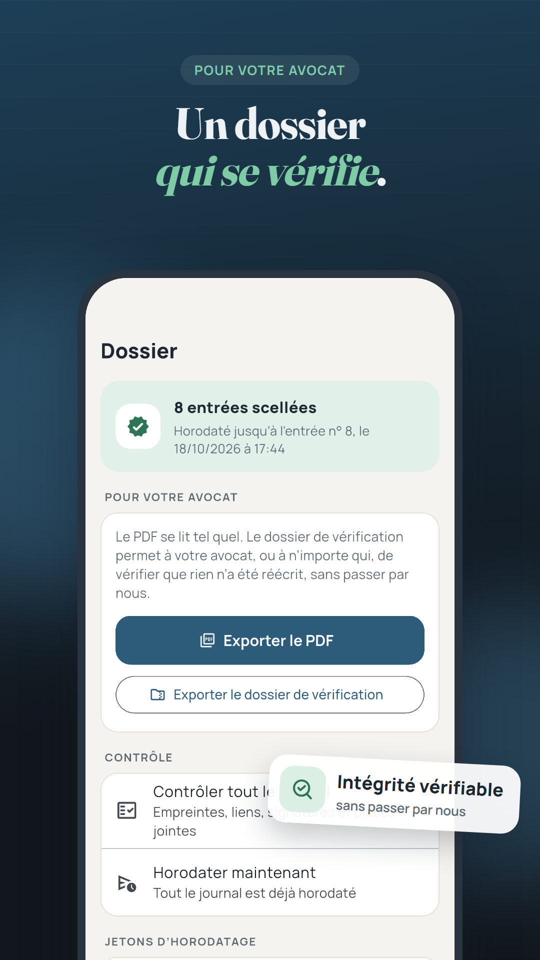 Le dossier : export du PDF et du dossier de vérification pour l'avocat
