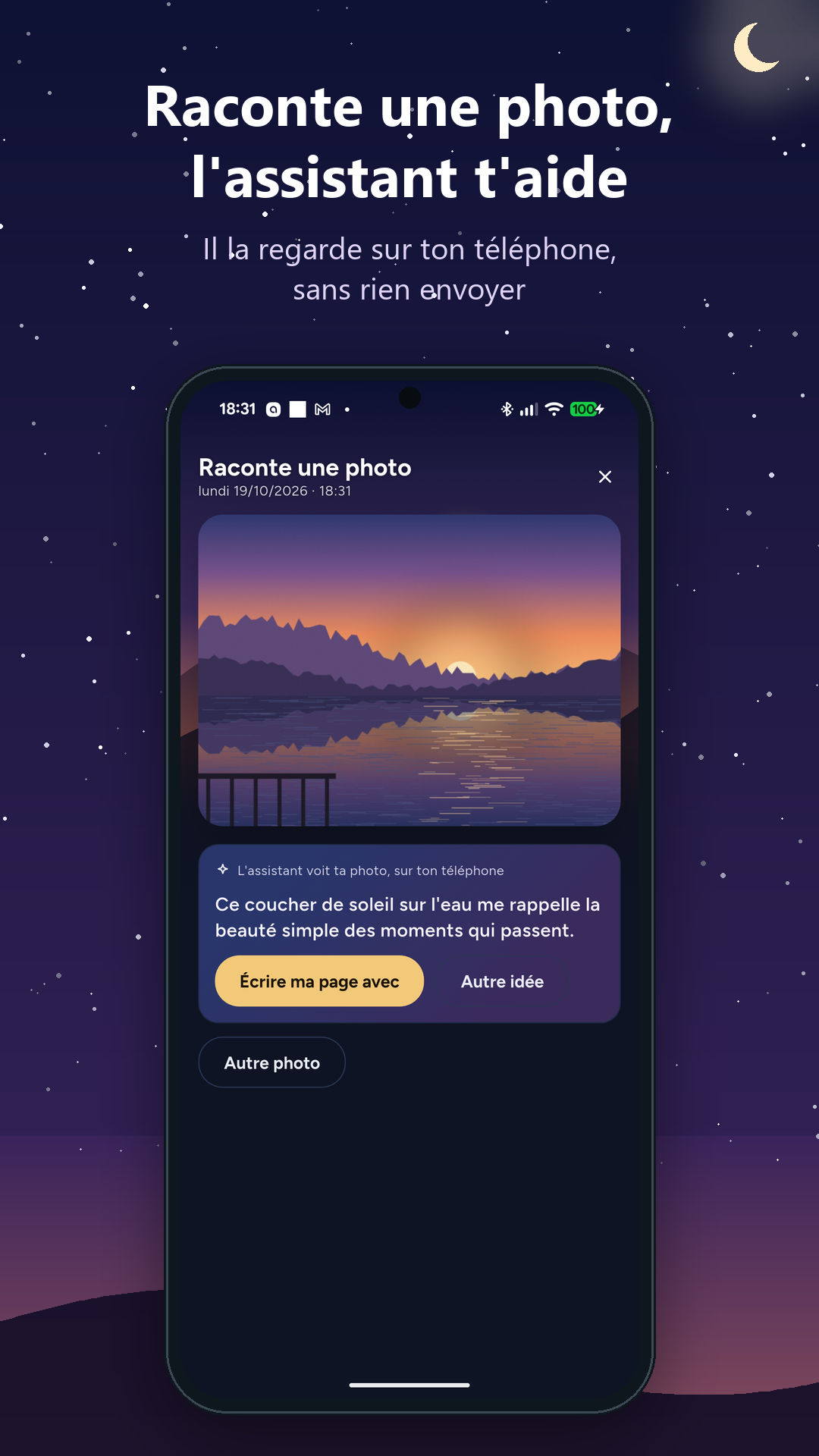 Raconte une photo : l'assistant regarde la photo sur le téléphone et propose un début de page