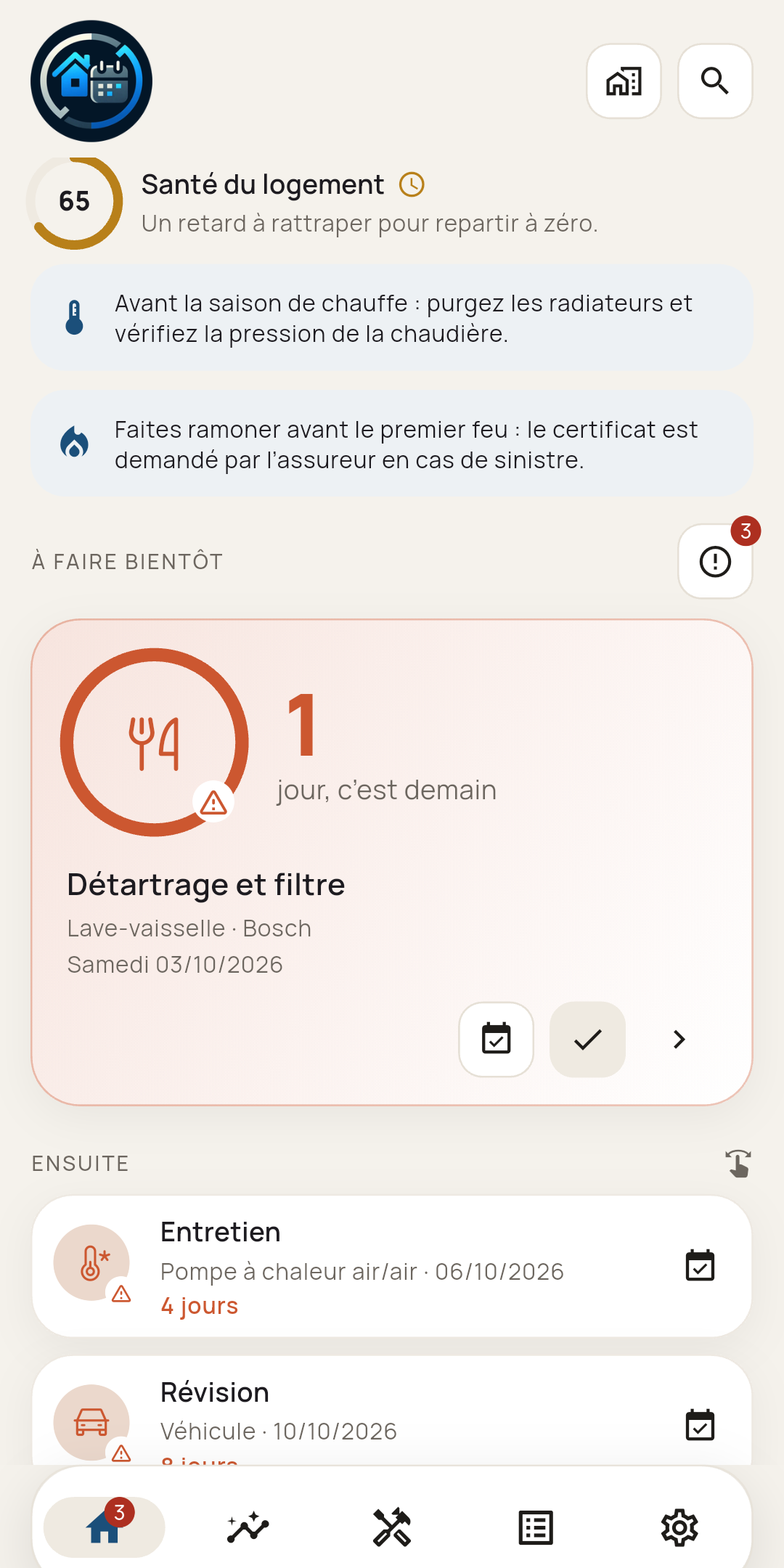 Écran d'accueil du Carnet du logement : prochaine échéance et santé du logement