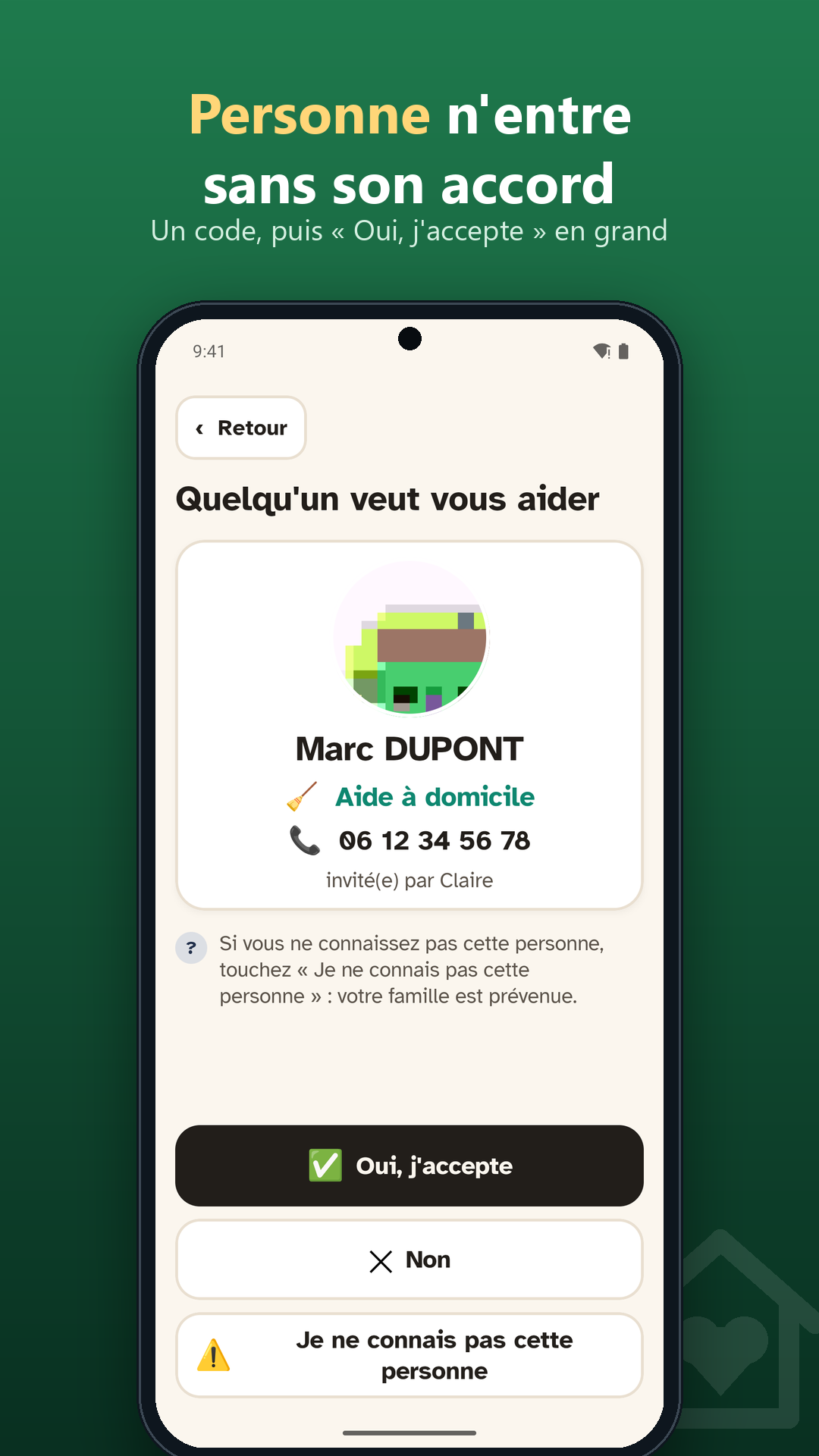 Quelqu'un veut vous aider : la personne accepte, refuse, ou dit qu'elle ne connaît pas cette personne