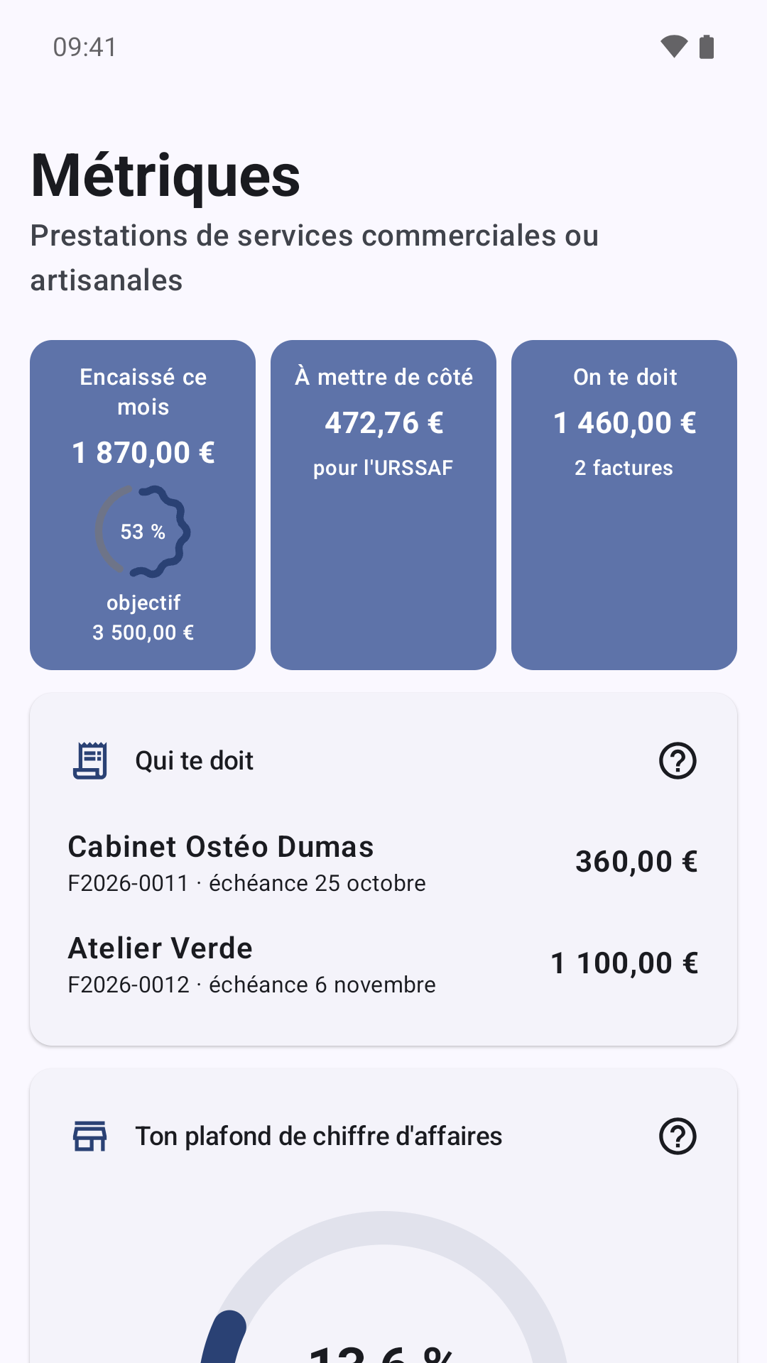 Tableau de bord de Indépilote : encaissé, à mettre de côté pour l'URSSAF, jauge du plafond