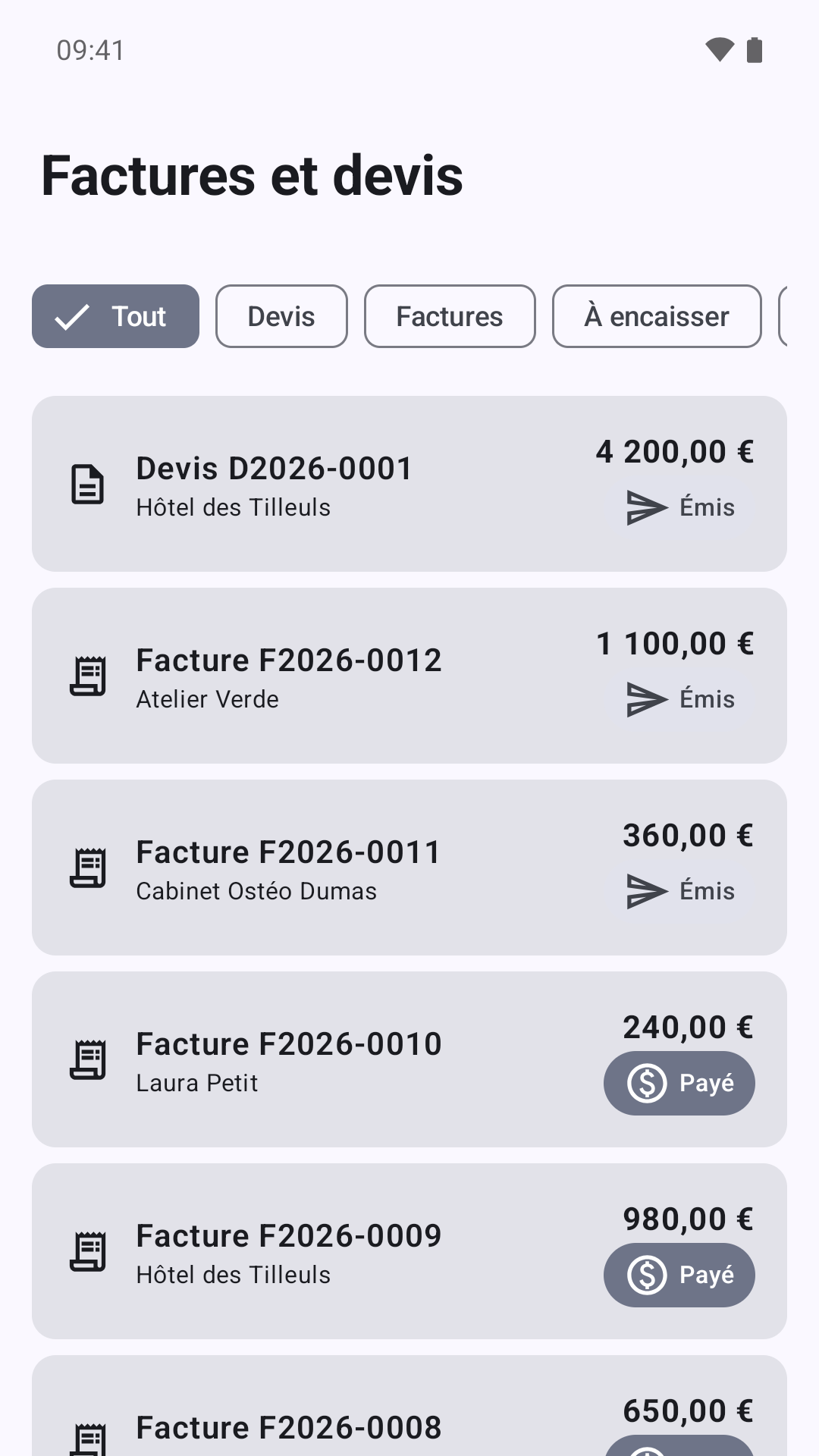 Les devis et factures d'Indépilote : émis, payés, à encaisser