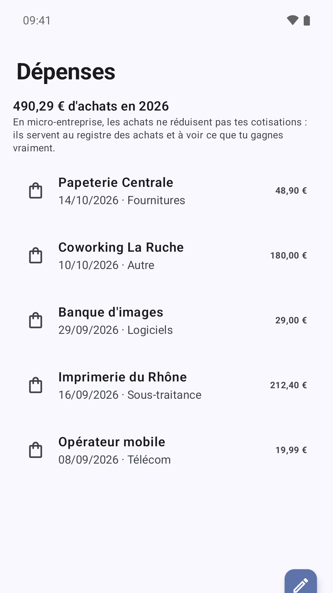 Le registre des achats d'Indépilote, tenu à jour à partir des tickets
