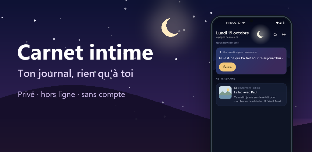 Bannière du Carnet intime : ton journal, rien qu'à toi. Privé, hors ligne, sans compte